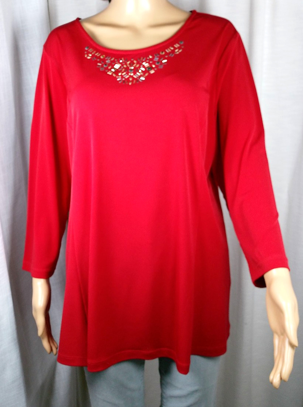 Susan Graver Tomato Red Tunic Top XL Embellished Scoop Neck Long Sleeve Stretch